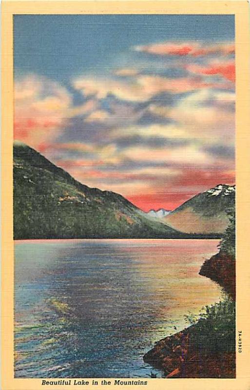 Beautiful Lake in the Mountains with Sunset Linen Postcard