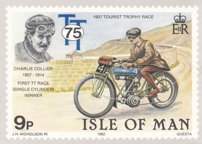 Charlie Collier 1907 Tourist Trophy Isle Of Man TT Races Stamp Rare Postcard