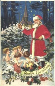 Silk Santa Claus writing on back left bottom corner is torn and being held by...