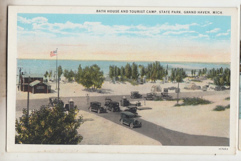 P2958, old postcard many old cars view bath and tourist camp grand haven mich