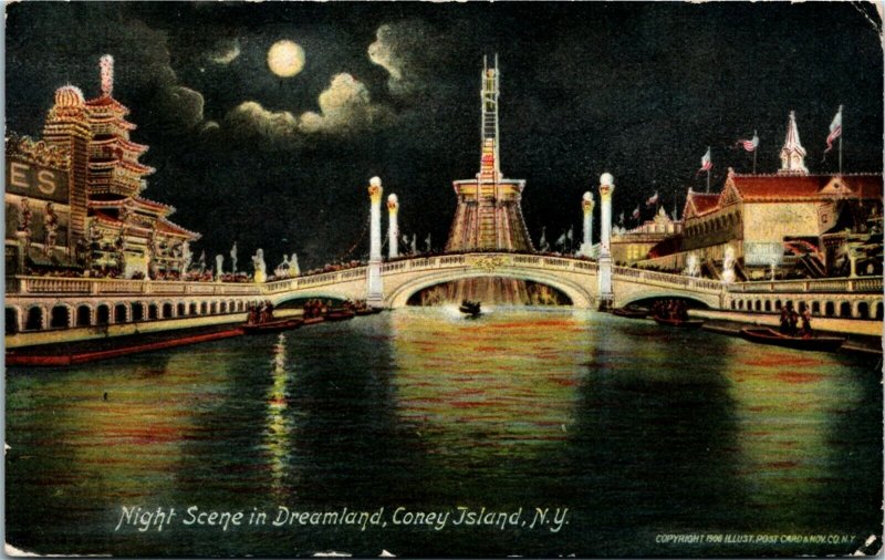 Postcard NY Coney Island Night Scene in Dreamland - Amusement Park 1909 L7