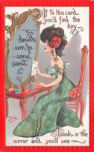 WOMAN LETTER MAIL MIRROR ROMANCE ARTIST SIGNED DWIG POSTCARD (c.1910)