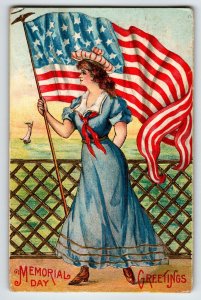 Memorial Decoration Day Postcard Women US Flag Sailboat Ocean Patriotic Embossed