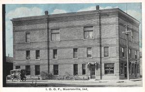 Monroeville IN I. O. O. F. Building Old Car Postcard