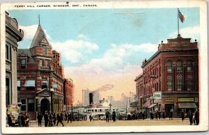 Postcard ON Windsor Ferry Hill Corner Drug Store Steamer Street View 1926 K65