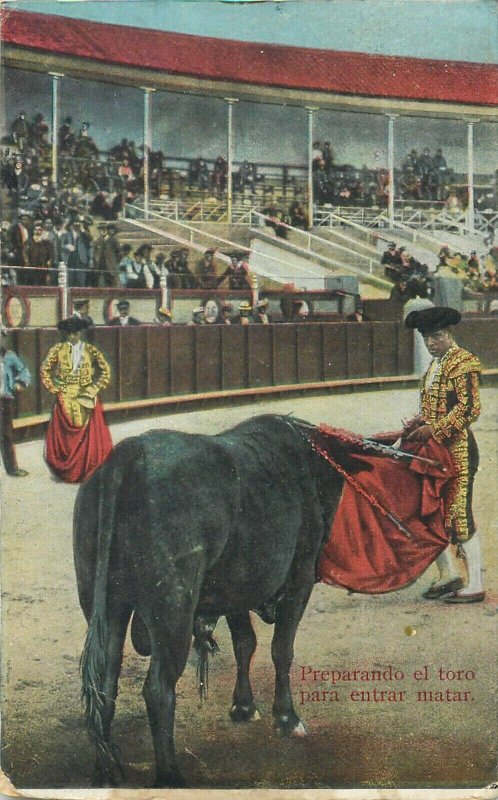 Spain corrida toreador preparing the bull to enter the kill matador postcard