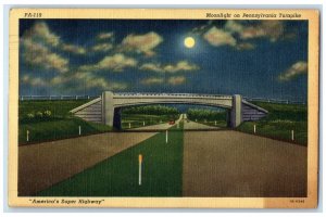 1942 Moonlight on Pennsylvania Turnpike Carlisle To Irwin PA Bridge Postcard