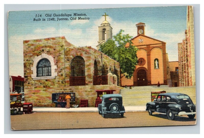 Vintage 1940's Postcard Antique Cars at Old Guadalupe Mission Juarez Mexico