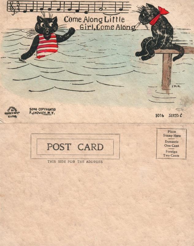BLACK CATS SWIMMING ANTIQUE UNDIVIDED POSTCARD w/ MUSIC NOTES Halloween