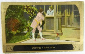 Man in a Bright Pink Suit and Shoes, Visits Woman in Garden - Vintage Postcard