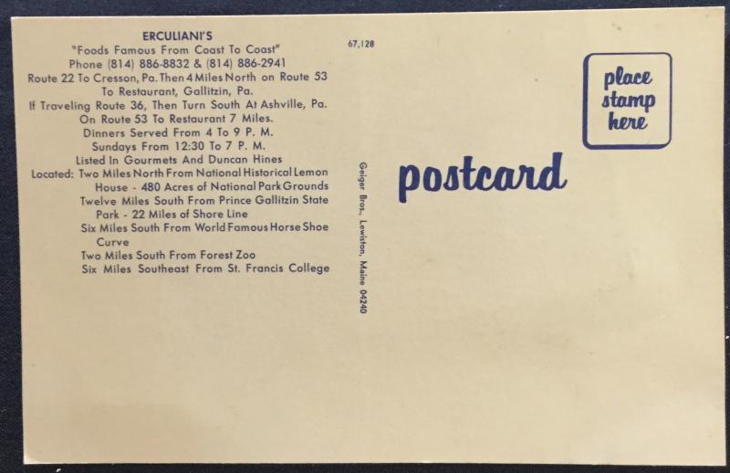 Postcard Unused Erculiani’s Restaurant Gallitzin PA LB