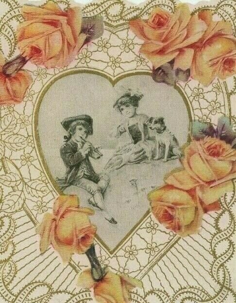 1880s Embossed Victorian Valentine Card Poem Colonial Boy Flute Girl & Dog *A