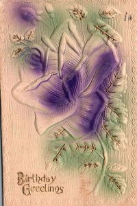 Vintage Postcard 1909 Happy Birthday Greetings Card Purple Rose Flowers Blooms