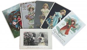 Birthday & Christmas lovely drawn children fantasy greetings old postcards lot 