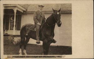 President Calvin Coolidge on Horse Plymouth Vermont VT Real Photo Postcard