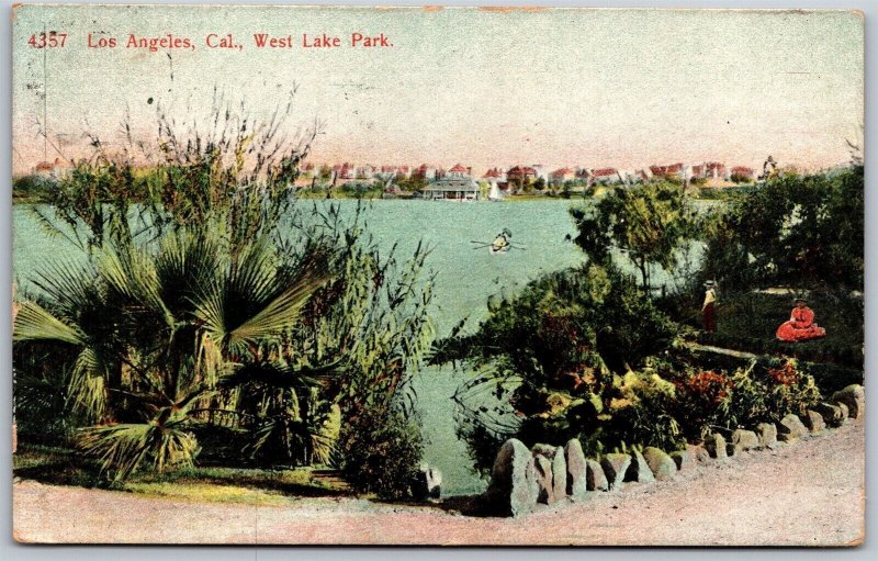 Vtg Los Angeles California CA West Lake Park Shore View 1910s Postcard