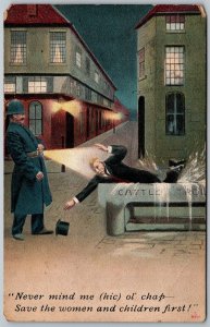 Policeman c1910 Bamforth Comic Humor Postcard Drunk Man Save Women And Children