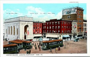 Postcard PA York Center Square Looking NE 1st National Bank Streetcars 1920s F31