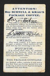 VICTORIAN TRADE CARD Schnull & Krag's Coffee Cowboy & Indian