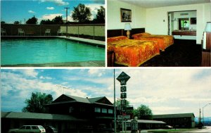 Vtg Postcard Cortez Colorado CO Frontier Motel Multiview Interior Sign Poolside