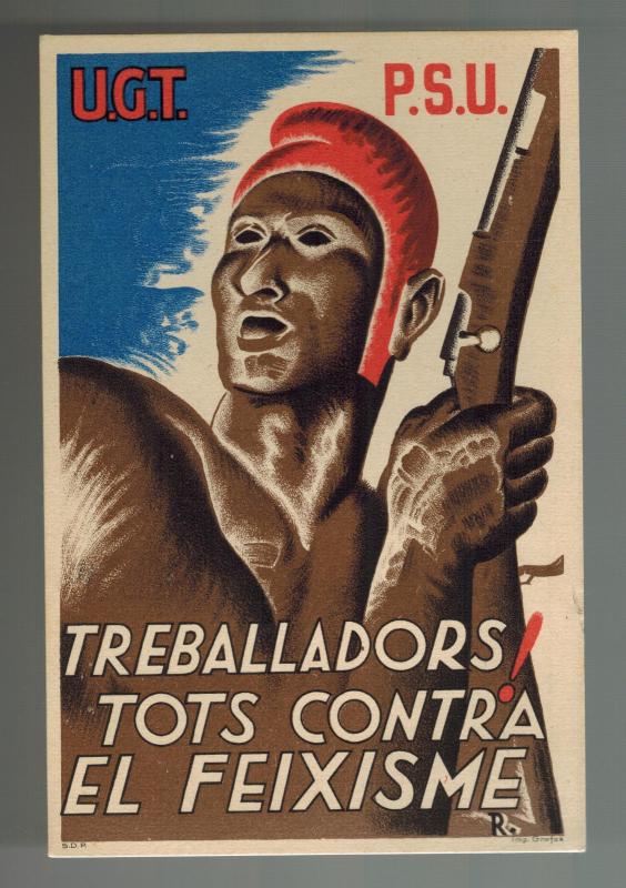 Mint Spain Civil War Postcard UGT PSU Workers Against Fascism