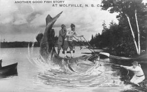 Postcard RPPC Canada Wolfville Exaggeration Fish Story Boat Canadian 23-852
