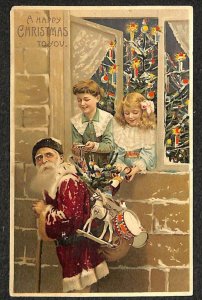 CHRISTMAS HOLIDAY SANTA CLAUS TREE HTL HOLD TO LIGHT NOVELTY POSTCARD 1908