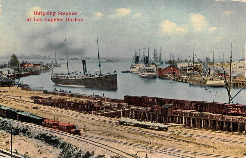 Outgoing Steamer, Los Angeles Harbor, California Trains 1913 Vintage Postcard