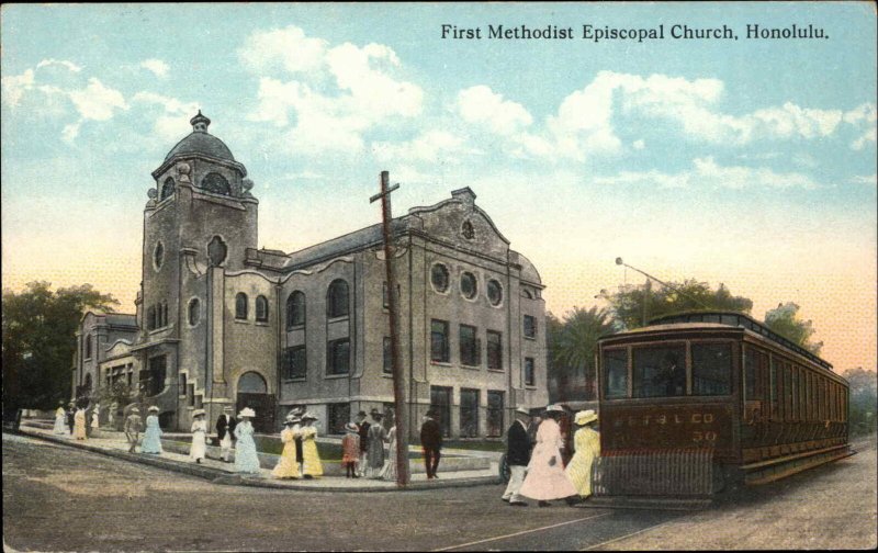 Honolulu Hawaii HI Church & Nice Close-Up View of Trolley c1910 Postcard