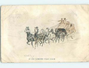 Pre-Linen signed HORSES PULLING OLD-FASHIONED STAGECOACH HL6213