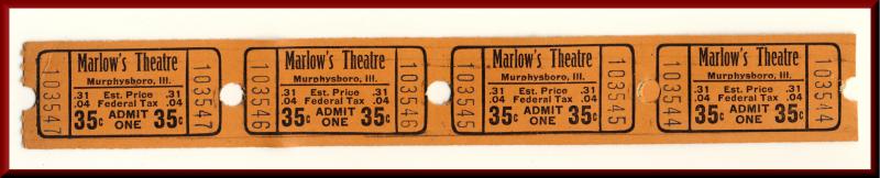 Four .35 Cents Marlow's Movie Theatre Tickets, Murphysboro, Illinois/IL, 1950's?