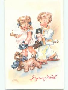 Pre-Chrome christmas signed FOREIGN - FRENCH GIRL AND BOY WITH CUTE DOG k1315