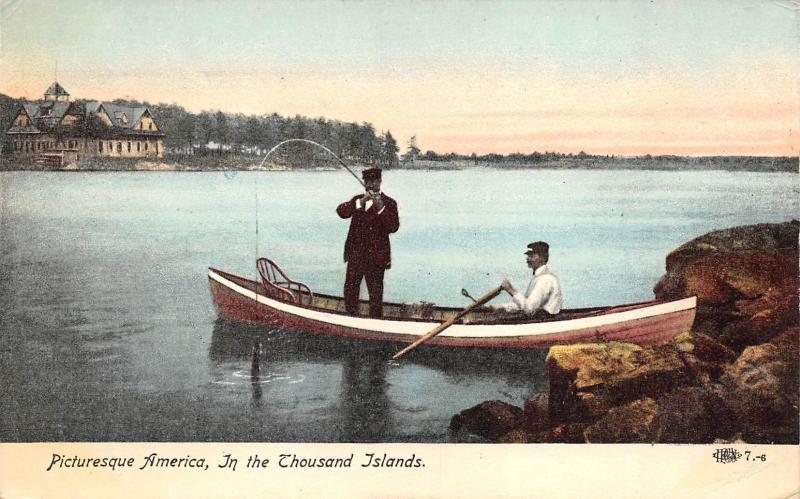 Thousand Islands New York c1908 Postcard Picturesque America Man Fishing Canoe