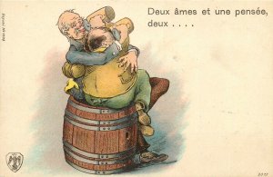 Alcohol related beer barrel drunk men caricature Two souls and one thought 