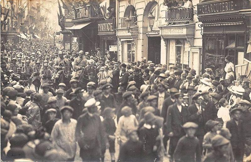 Busy French Street Scene Store Fronts Real Photo Postcard