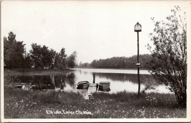 Imlay City Michigan~Elk Lake~Rowboats Teathered to Dock~Birdhouse~1950s RPPC 