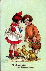 Tuck Embossed Postcard Easter A/S K. Gassaway Children Feeding Chicks 1909 M41
