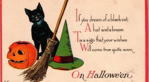Halloween Postcard Black Cat JOL Pumpkin Witches Hat Broom Nash H-27 Vintage