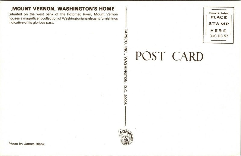 Mount Vernon Virginia George Washington Home Postcard VTG UNP Capsco Vintage 