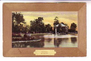 Scene by Bush, Sunset, Park Fountain, Framed Border