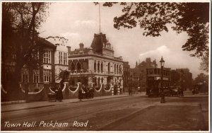 Town Hall Peckham Road Southwark London Vintage Postcard RPPC Double Decker Bus