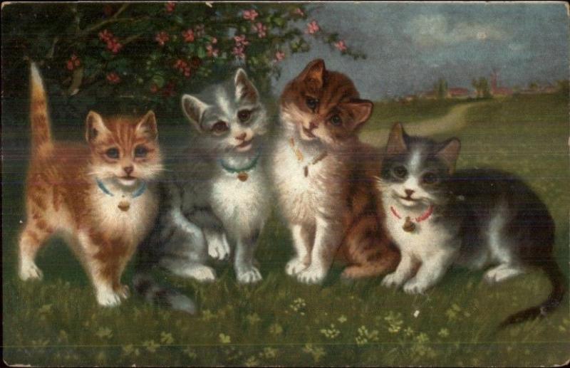 4 Multi-Colored Kitty Cats w/Big Eyes c1910 Postcard ARTIST?