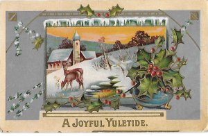 A Joyful Yuletide Holly & Deer in the Snow Mailed Dec 25, 1911 Embossed