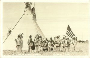 GT Blackfeet Native Indian Chiefs Teepee American Flag Real Photo Postcard