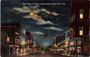 Postcard TN Union City First Street in Moonlight Drug Store Coca Cola Sign V202