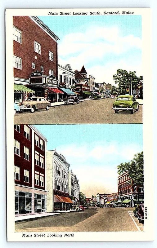 SANFORD, ME Maine ~ MAIN STREET Scenes c1950s Cars Curteich Linen Postcard