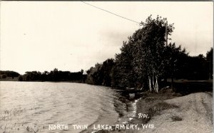Amery Wisconsin North Twin Lakes RPPC Small Boats to Minneapolis Postcard W12