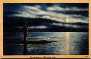 Fishing in Moonight, Greetings From Gaylord MI c1946 Vintage Postcard Q48