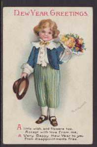 New Year Greetings,Boy Holding Flowers,Clapsaddle Postcard