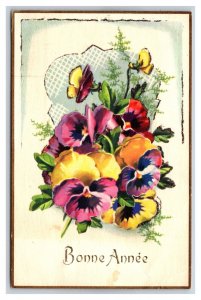 Flower Bouquet w Applied Diecut Bonne Annee Happy New Year DB Postcard U22